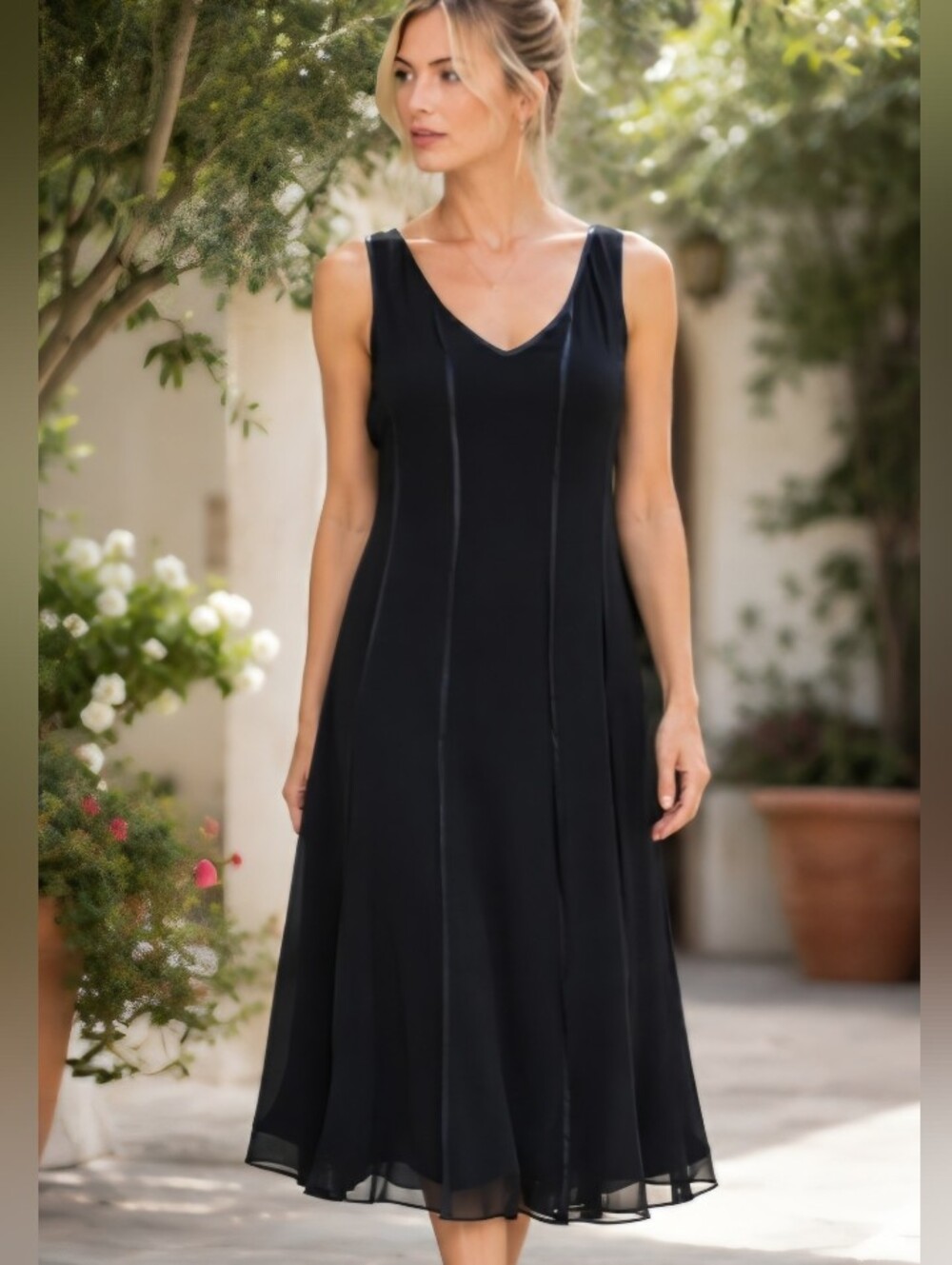 NWT Scarlett Sleeveless Black Chiffon Sheer Hem Ribbon Panel Cocktail Dress 14